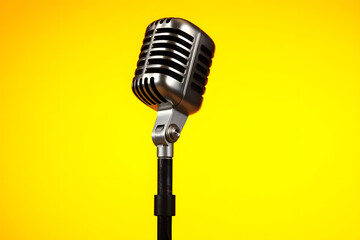 A vintage-style microphone on a stand against a bright yellow background, ideal for music or performance themes.