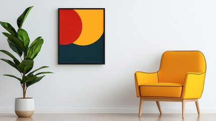 A modern interior featuring a yellow chair, abstract wall art, and a potted plant, creating a vibrant and stylish atmosphere.