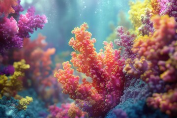 Fototapeta premium Vibrant bioluminescent coral garden in National Geographicstyle photorealism