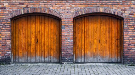 Two arched wooden doors in a brick wall