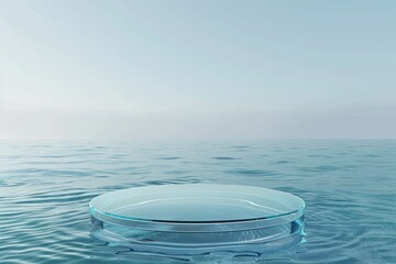 Clear Pixel Visual of Empty Clear Glass Circle Podium on Blue Calm Water