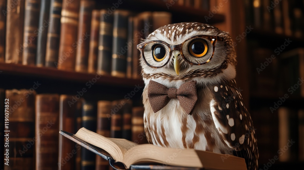 Aufkleber wise owl portrait with glasses and bow tie in front of a grand bookshelf filled with books in an ele