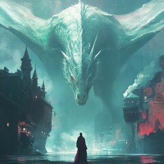 Fototapeta premium Majestic Dragon Overlooking a Dark Cityscape