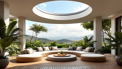 Fototapeta premium Minimalist outdoor lounge area with round wicker chairs and a circular skylight overlooking a lush landscape. Modern architectural interior design concept.