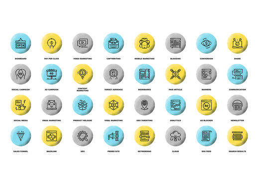 Vector set of digital marketing flat line web icons with grunge noise texture effect.