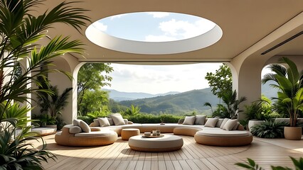 Obraz premium Minimalist outdoor lounge area with round wicker chairs and a circular skylight overlooking a lush landscape. Modern architectural interior design concept.