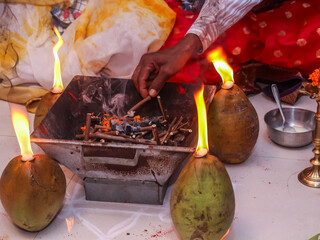 Performing havan at the wedding ceremony in Indian hindu religion