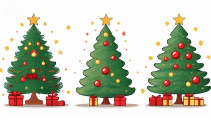 Christmas tree in 3 different situations. Christmas tree and holiday gifts. Fir-tree decorations
