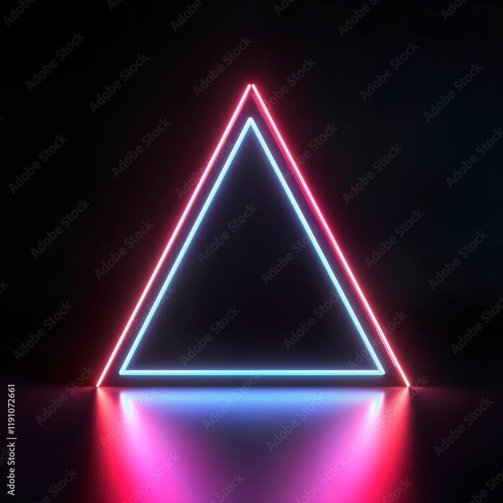 Poster abstract neon triangle shape on dark background. vibrant colors illuminate geometric form. modern de
