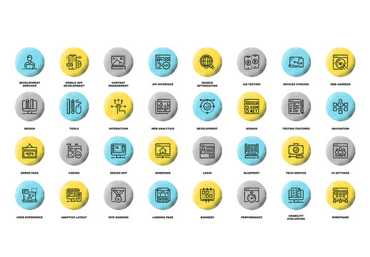 Vector set of web design and development flat line web icons with grunge noise texture effect.