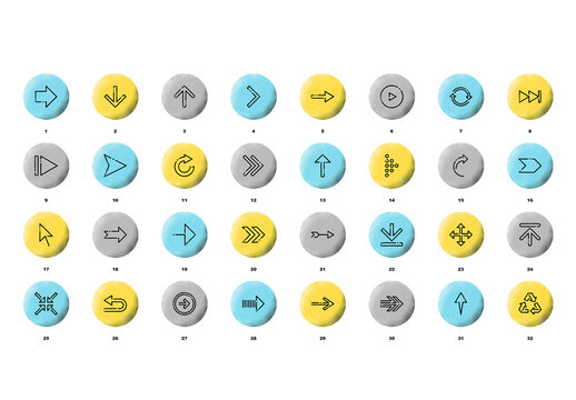 Vector set of arrows flat line web icons with grunge noise texture effect.