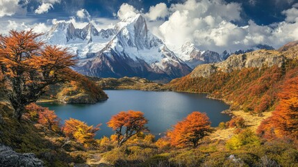 Obraz premium A panoramic view of a serene landscape featuring a calm river reflecting vibrant autumn foliage and majestic snow-capped mountains