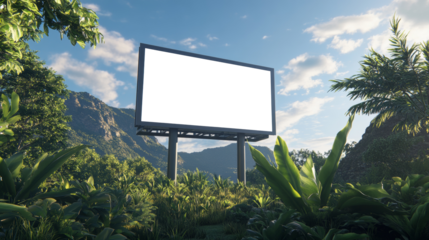 Blank Billboard in a Mountainous Green Landscape