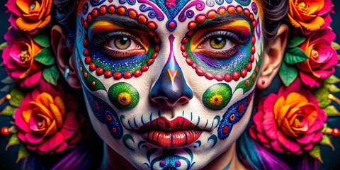 Naklejka premium Sugar Skull Makeup: Vibrant Close-up of Day of the Dead Face Paint