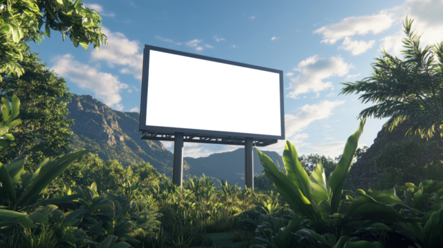 Blank Billboard in a Mountainous Green Landscape