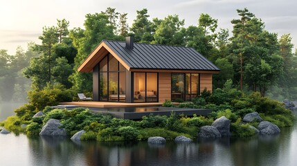 Obraz premium Contemporary Scandinavian Style Wooden House Surrounded by Lush Greenery - A 3D Illustration