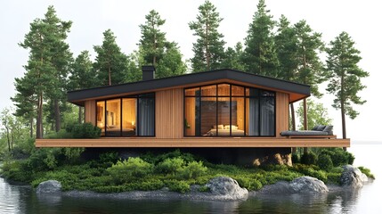 Obraz premium Stylish and Modern Wooden House with Scandinavian Barnhouse Influence Amidst a Green Paradise - 3D Render