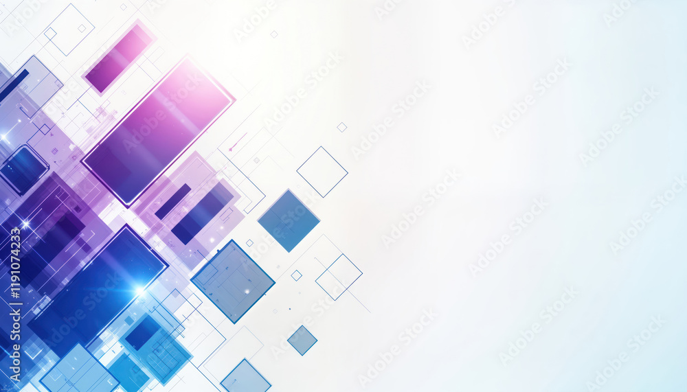 Poster futuristic display with vibrant blue, purple squares. modern abstract design with glowing elements. 
