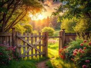 Summer's Gentle Exit: Rustic Wooden Gate Leading to Lush Greenery