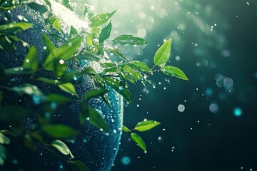 Water drops, leaf and plant on planet, nature or environment on a background in summer. Earth, droplet or world with morning dew, abstract texture or liquid closeup for sustainability on mockup space 
