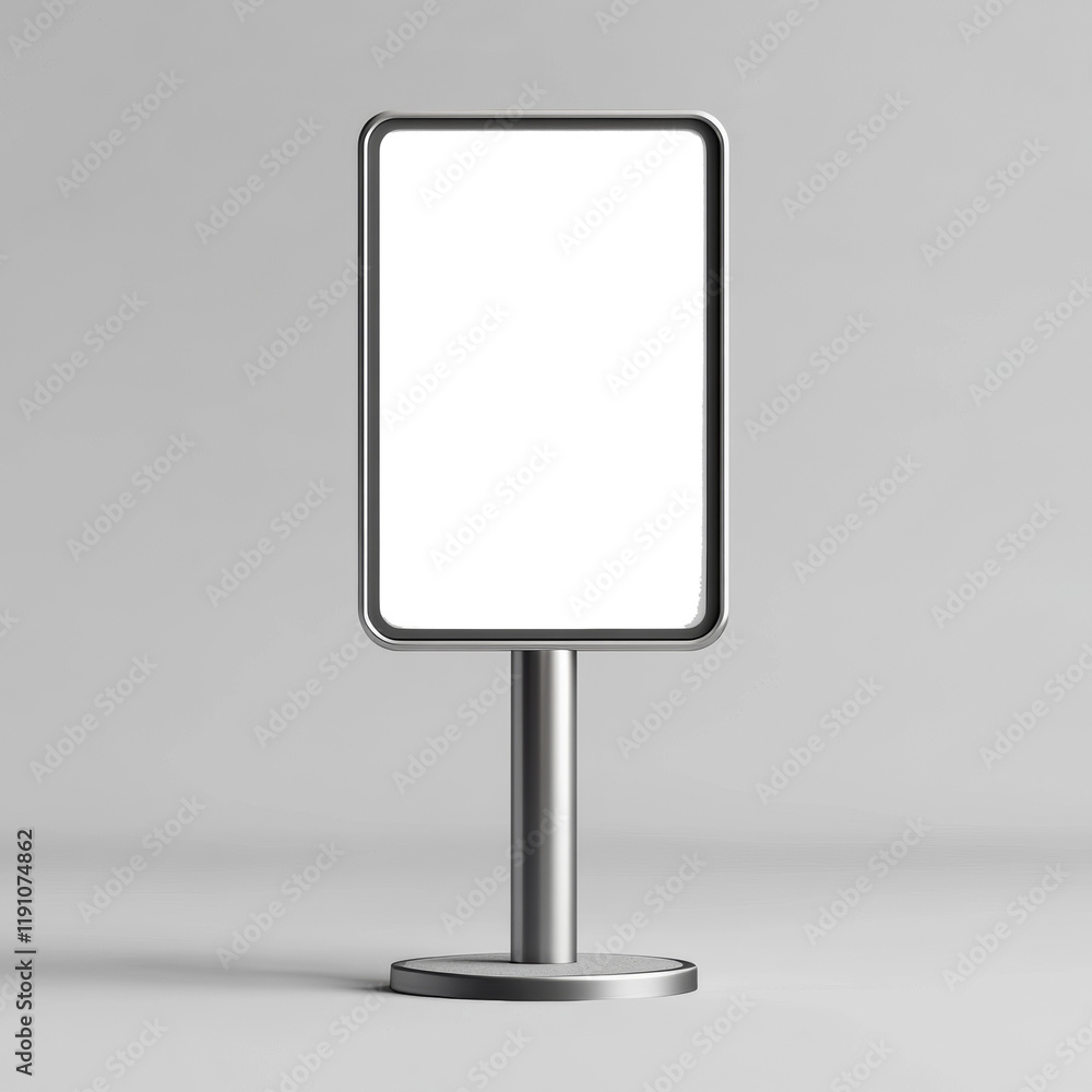 Poster the image shows a simple silver freestanding sign with a blank rectangular black screen ideal for ad