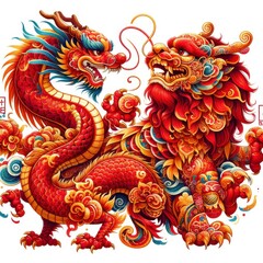 Obraz premium Vibrant illustration of a dragon and lion in traditional style, showcasing intricate details and rich colors against a white backdrop.