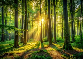 Obraz premium Sunbeams Through Forest Trees: Lush Vintage Nature Vertical Background