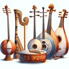 A collection of traditional string instruments, showcasing diverse shapes and designs, highlighting cultural heritage and craftsmanship.