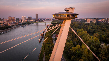 sunset over the bridge, UFO, castle, Bratislava, Slovakia