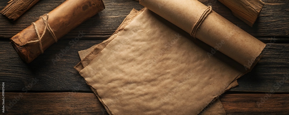 Poster old paper scrolls resting on rustic wooden table