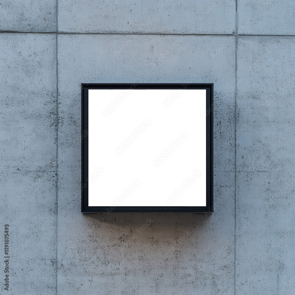 Aufkleber a black square frame is mounted on a light gray concrete wall providing a blank space for signage or