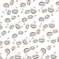 A seamless pattern featuring detailed illustrations of coffee beans, drawn in a light brown/gray vintage style.