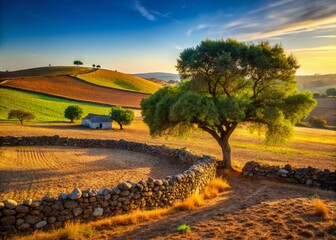 Fototapeta premium Sun-Drenched Portuguese Farmland: Rolling Hills & Rustic Charm