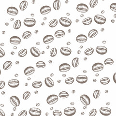 A seamless pattern featuring detailed illustrations of coffee beans, drawn in a light brown/gray vintage style.