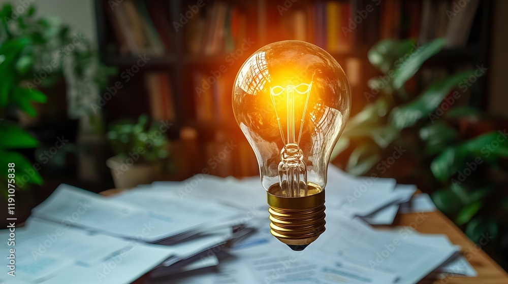 Poster glowing light bulb hovering above a desk filled with scattered papers symbolizing the spark of fresh