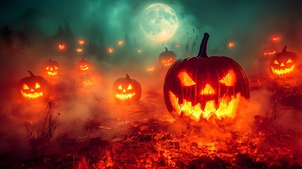 Fototapeta premium Cursed pumpkin lanterns glowing with an eerie otherworldly light under the shroud of a spectral fog and the luminous gaze of a full moon in a haunting supernatural canyon landscape