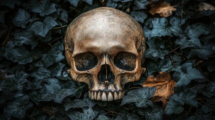 Skull on Dark Green Ivy Leaves with Autumn Foliage Background