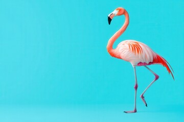 Pink flamingo on bright blue background