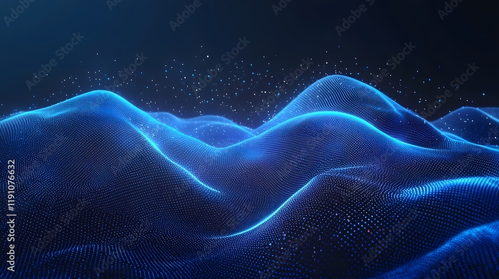 Poster captivating abstract digital landscape with pulsating blue toned network lines and particles showcas
