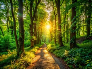 Obraz premium Sunlit Forest Path: Serene Nature Trail Leading Through Lush Woods