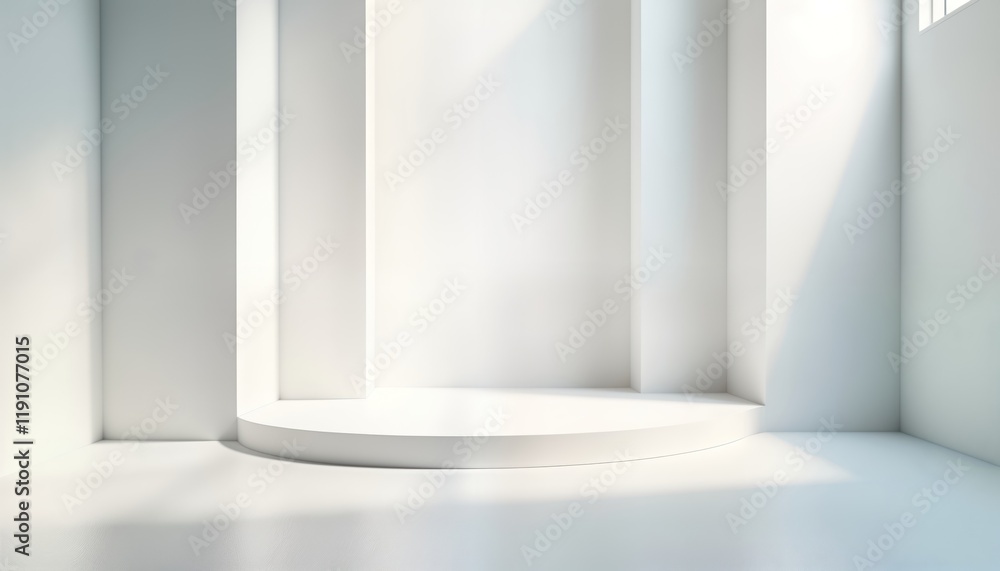 Poster empty white stage with modern geometric shapes. clean lines, soft light create futuristic interior. 