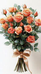 Fototapeta premium beautiful bouquet of orange roses wrapped elegantly with green leaves, showcasing vibrant blooms and delicate buds, perfect for any occasion
