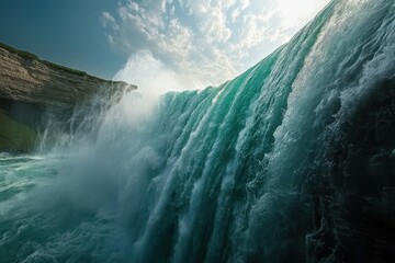Powerful waterfall in vivid underwater photo with sunlit hues