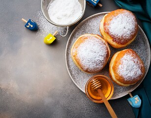 Fototapeta premium Generated image Hanukkah food doughnuts sufganiyot with powdered sugar, on stone background with copy space