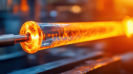 Glass factory, A close-up image of glowing molten glass being spun, showcasing intricate details and vibrant colors, ideal for creative and artistic projects.