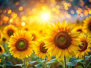 Obraz premium Sunlit Sunflower Field Bokeh Background - Summer Nature Photography