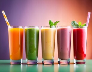 Fototapeta premium Generated image Healthy smoothies in various colors served in tall glasses on stylish gradient background