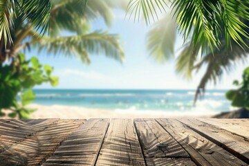 Beautiful Summer Background with Wooden Table Top, Blur Sea Sandy Beach View, and Green Palm Leaves