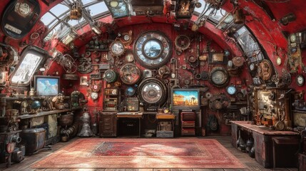 Vintage Steampunk Room with Antique Clocks and Curious Instruments