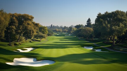 Serene Golf Course Landscape with Lush Green Fairways and Sand Traps